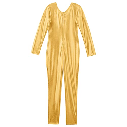 ranrann Body Mono de Danza para Niña Clásica Jumpsuit de Baile Fitness Maillot de Gimnasia Rítmica Elástico Leotardo de Danza Ballet Manga Larga Pantalones Largos Dorado 12 años