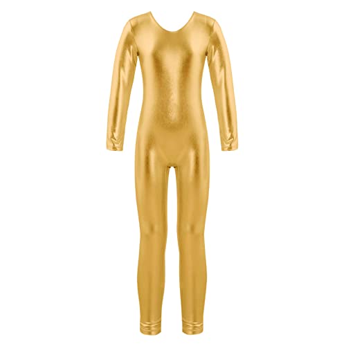 ranrann Body Mono de Danza para Niña Clásica Jumpsuit de Baile Fitness Maillot de Gimnasia Rítmica Elástico Leotardo de Danza Ballet Manga Larga Pantalones Largos Dorado 12 años