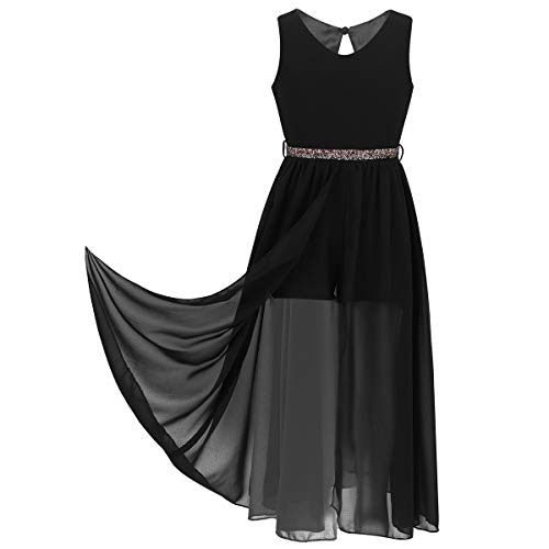 ranrann Vestido de Danza Ballet para Niña Vestido Largo de Danza Contemporánea con Cinturón Diamantes Mono de Baile Gimnasia Rítmica Dancewear Negro 14 años