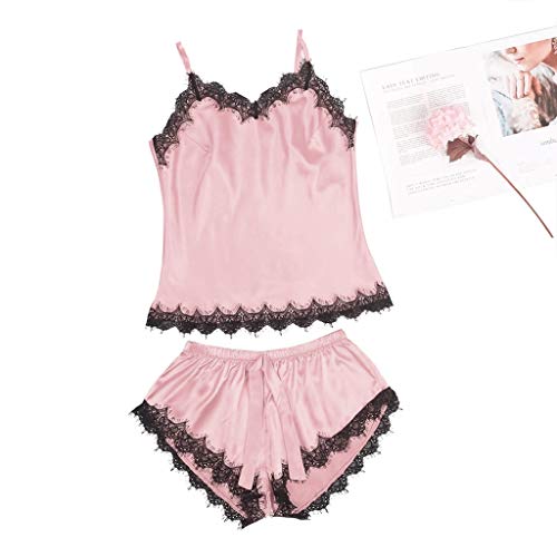 Ropa de Dormir para Mujeres,SHOBDW Regalo del día de San Valentín Babydolls Lencería Sexy sin Mangas Correa de Encaje Satén Cami Top Conjuntos de Pijama Ropa de Dormir 2PCS(Rosado,XL)