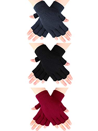 SATINIOR 3 Pares de Guantes de Medio Dedo Guantes sin Dedos de Invierno Guantes de Punto para Hombres Mujeres (Negro, Gris Oscuro y Rojo)