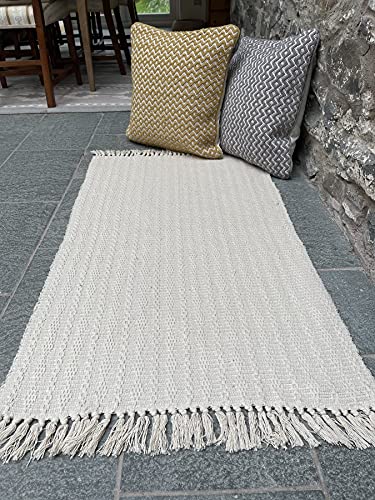 Second Nature Online Alfombra Tarkarli de algodón Color Marfil Claro Crema con Textura Manta Estilo Alfombra India con Flecos 60cm x 90cm