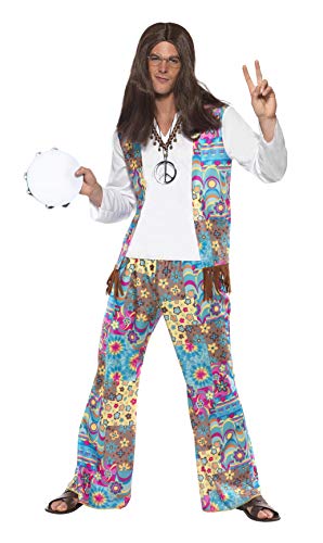 Smiffys-38628L Disfraz de Hippy Guay, Top con Chaleco Unido, Pantalones y Cinta para la Cabeza, Multicolor, L-Tamaño 42"-44" (Smiffy'S 38628L)