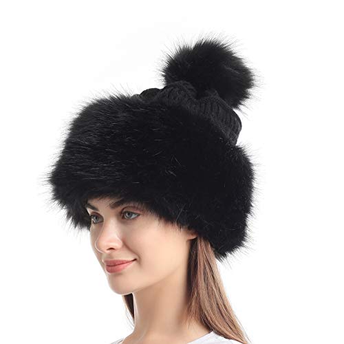 soul young Gorro de Mujer de Zorro Falso de Piel Cossack en Estilo Ruso Pompom(Talla única,Negro)