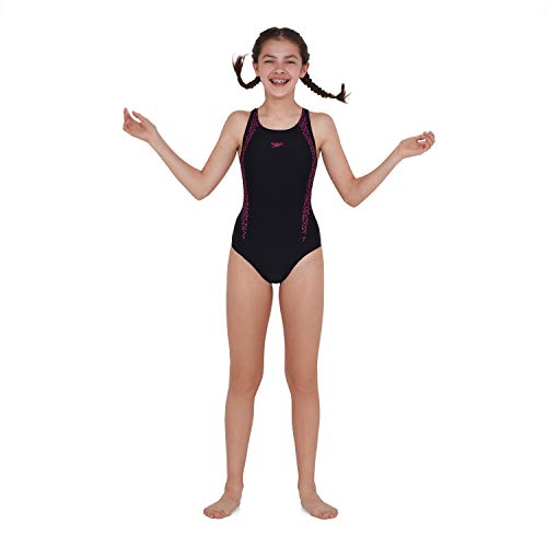 Speedo Boom Splice Muscleback Bañador Niña para Natación, Color Negra/Rosa eléctrico, Talla 5,6 Años