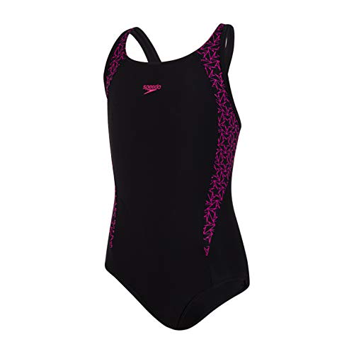 Speedo Boom Splice Muscleback Bañador Niña para Natación, Color Negra/Rosa eléctrico, Talla 5,6 Años