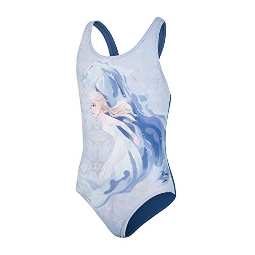 Speedo Splashback con Inserto Digital Disney Frozen 2"Elsa Bañador, Niñas, Azul Pastel/Azul Cielo/Azul Marino, 9-10