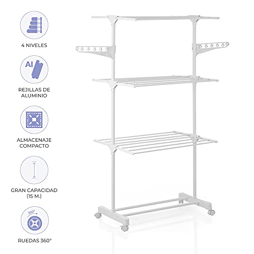 Tendedero de ropa vertical de plástico NEWTECK con ruedas,4 niveles dobles. Tendedero plegable,extensible para interiores,exteriores,con soporte para artículos pequeños,15 metros de tendedero.