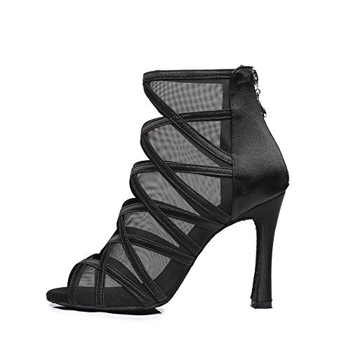 TINRYMX Mujer Baile Latino Altos Zapatos Punta Abierta Cremallera de salón Baile de Salsa Mujer Zapatos,Model-YCL445,Negro-7.5cm,37 EU