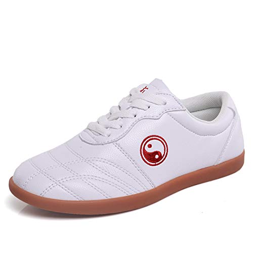 Unisexo Tai Chi Wu Shu Kung Fu Zapatos Respirable Antideslizante Deporte Gimnasio Zapatilla de Deporte para Diario Formación Ejercicio mañanero Cuero Blanco 44 EU