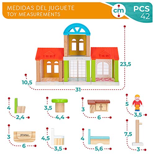 WOOMAX - Casita modular de muñecas de madera, WOOMAX, 31x10,5x23x5 cm, incluye 4 muñecos, 42 piezas, casa muñecas de madera, juego motricidad fina 3 años, + 3 años, (46442)