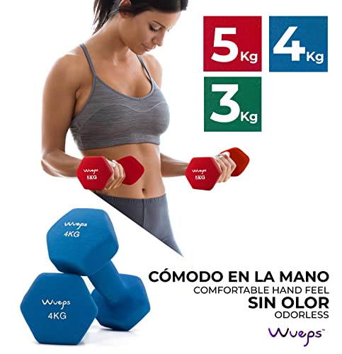 Wueps™ | Pesas y Mancuernas de Neopreno Disponibles en 3Kg/ 4Kg/ 5Kg/ (Vendido en Pares) para Hacer tu Gimnasio en casa, Mancuernas con Revestimiento de Neopreno, Mancuernas Antideslizantes