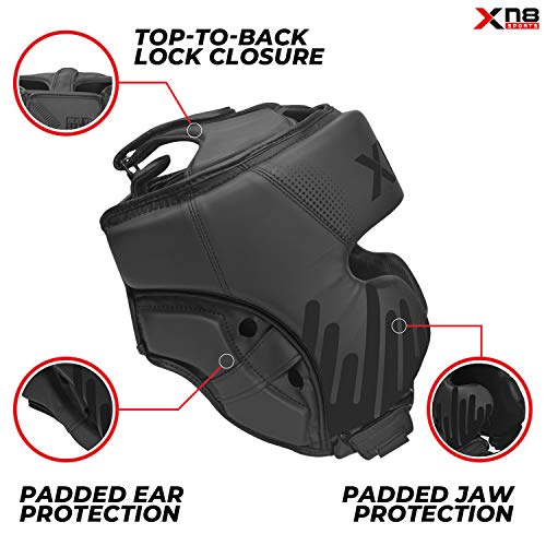 XN8 Boxeo Protector Casco - Muay Thai-Kickboxing-Artes Marciales-Headgear con Cara Oreja Las Mejillas Protección-Karate-Sparring MMA Luchando (Negro, XL)