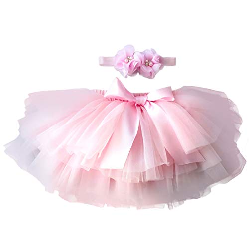 YONKINY Tulle Ballet Tutu Corta para Niñas+Venda Falda Capas Tul De Volantes Princesa para Danza Fiesta Boda Cumpleaños Fotografía (Rosa, Talla L para 1-2 años)