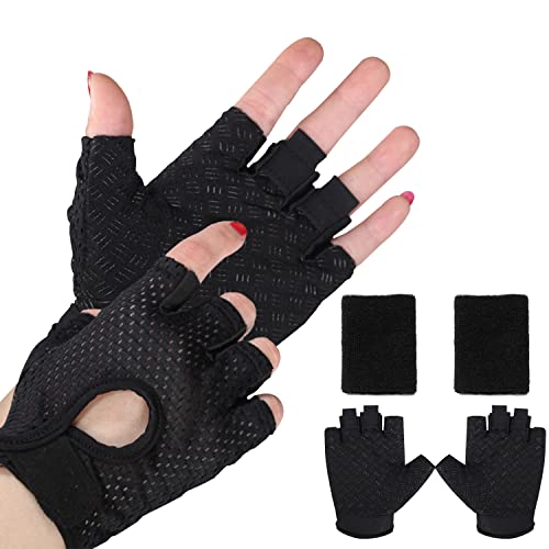 1 par de guantes de fitness antideslizantes con 1 par de muñequera absorbente del sudor, guantes de equitación transpirables, guantes deportivos de verano, suministros de gimnasio, unisex (negro)