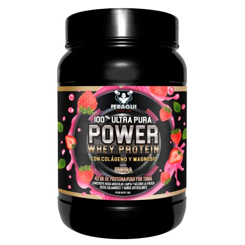 100% Power Whey Protein | 43 gr de Proteina Pura por toma + Colágeno + Magnesio | Aumenta el crecimiento muscular | Entrenamientos intensos | Máxima asimilación | Protege las fibras musculares | 1 kg