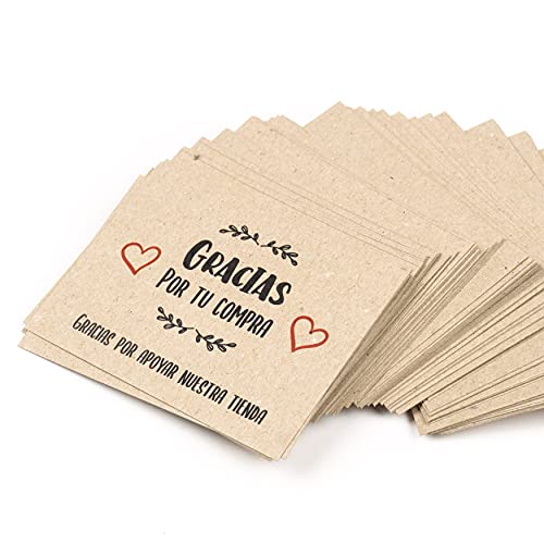 100 Tarjetas gracias por tu compra, en Español. 10x7 cm, agradecimiento, para acompañar en el pedido de tiendas online y comercios, vintage, Cartulina 100% reciclada