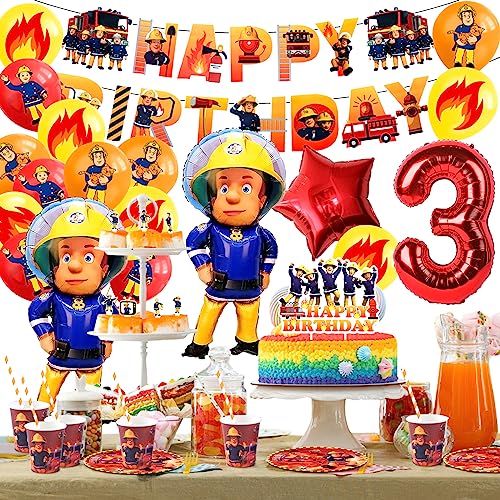 101Pcs Fiesta Temática Bomberos,Juego Vajilla Fiesta Bombero, Globos Cumpleaños 3 años Niño Bomberos,Globos de Bomberos, Platos de Papel,Vasos,Servilletas,Mantel,Decoración Cumpleaños Niño