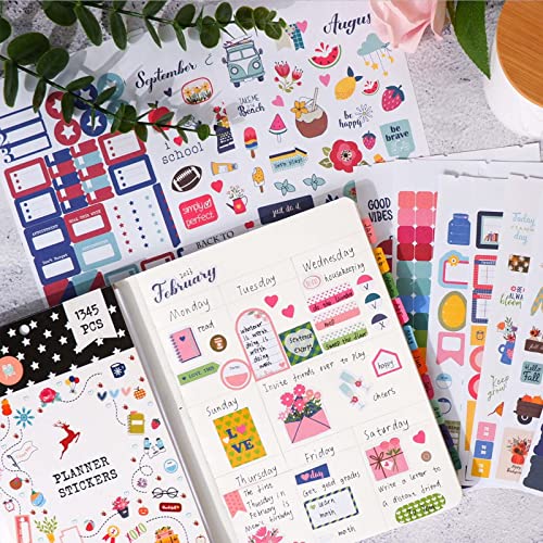 1345PCS Pegatinas Agenda, 28 Hojas Pegatinas de Planificador Pegatinas de Bullet Journal, Adhesivo para Planificador para Calendarios Planificación del Trabajo Presupuesto Planificador y Decoración