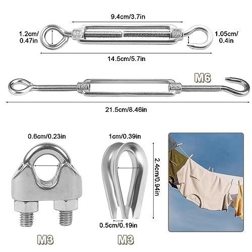 13Piezas Kit de Tensores para Alambre de Acero Inoxidable,2 x Tensor Cuerda Tendedero M6 I 6 x Abrazadera de Cuerda de Alambre M3 I 5 x Guardacabos de Cuerda de Cable M3,para Tendedero,Soporte Planta