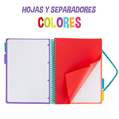 140 HOJAS CUADERNO ESPIRAL FLEXIBLE QUIJOTE - Páginas 90gr, cuadros 5x5mm, tamaño A4, 4 Taladros, cierre goma elástica, tapa polipropileno, colores flúor - AZUL