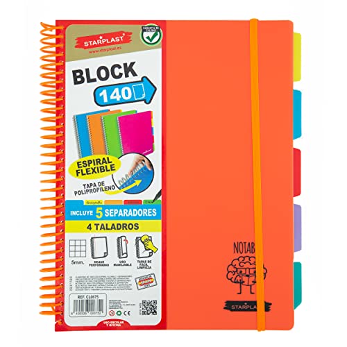 140 HOJAS CUADERNO ESPIRAL FLEXIBLE QUIJOTE - Páginas 90gr, cuadros 5x5mm, tamaño A4, 4 Taladros, cierre goma elástica, tapa polipropileno, colores flúor - NARANJA