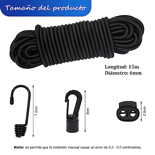 15m De Cuerda Elástica Segura, 6mm Cuerdas Elásticas Y Fijaciones,10 De Ganchos Elásticos, 10 Ganchos De Plástico para Cuerda Elástica,10 Cierres Elásticos De Plástico Lonas, Portaequipajes(6mm)