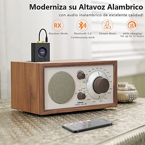 1Mii Receptor Audio Bluetooth 5.0 Inalámbrico HiFi, Adaptador Audio Bluetooth de Baja Latencia con Salida RCA/Jack AUX 3.5 mm para Altavoz, Amplificador, Modo de Graves, 12 Horas de Batería