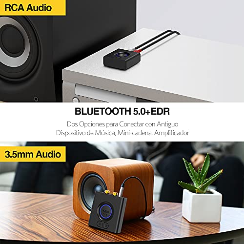 1Mii Receptor Audio Bluetooth 5.0 Inalámbrico HiFi, Adaptador Audio Bluetooth de Baja Latencia con Salida RCA/Jack AUX 3.5 mm para Altavoz, Amplificador, Modo de Graves, 12 Horas de Batería