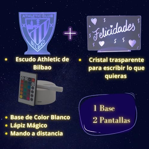 2 pantallas+1base: Lámpara led mesita de Noche Athletic Bilbao+Pantalla Lisa para escribir. 16 colores luz. Mando distancia, cargador y lápiz para escribir en pantalla incluido.Luz nocturna infantil