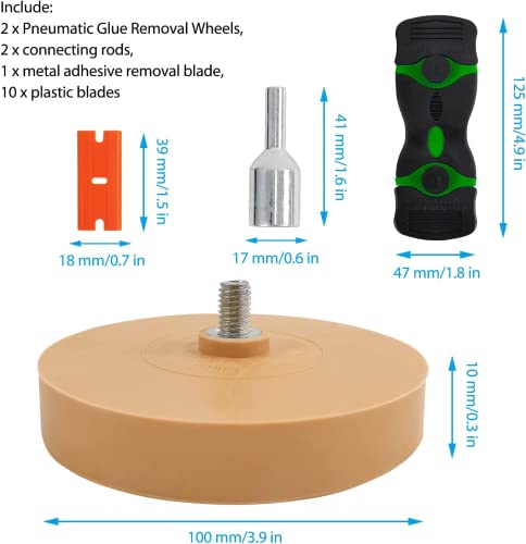 2 Piezas 100 mm Borrador de Láminas Disco Rueda de Goma, Disco de Caucho de Coche con Rasqueta y 10 Piezas de Hojas Plástico, para Restos de Pegamento en Vehículos, Motocicletas o Coches (100mm)