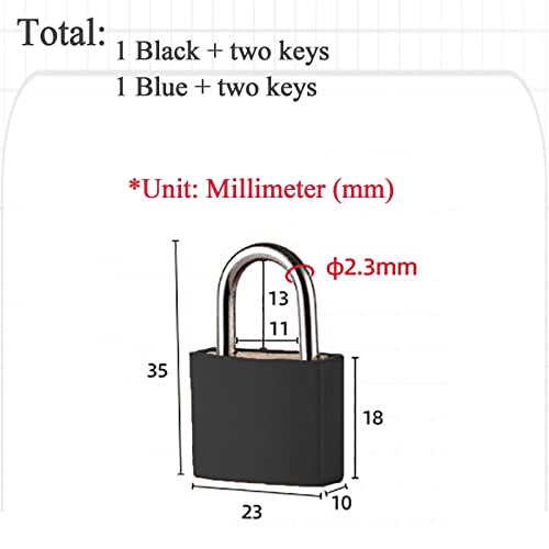 2 Piezas Candado,Candados Maletas, Candado con Llave,Mini Candados de Llave,Candado para Taquilla,para Equipaje,Maletas,Armarios y Mochilas (Azul+Negro)
