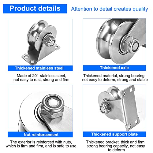 2 Piezas Poleas Ruedas para Puertas Correderas, Acero Inoxidable Poleas, Polea con Polea con Rodamiento de Bolas, 48mm U-Poleas para Tendedero Cuerda Cables, Motores Electricos Industriales