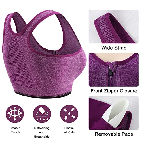 2 Piezas Sujetador Deportivo Mujer Alto Impacto con Cremallera Delantera Almohadillas Extraíbles Sport Bra Top para Yoga Gimnasio Correr (Azul Violeta,M)