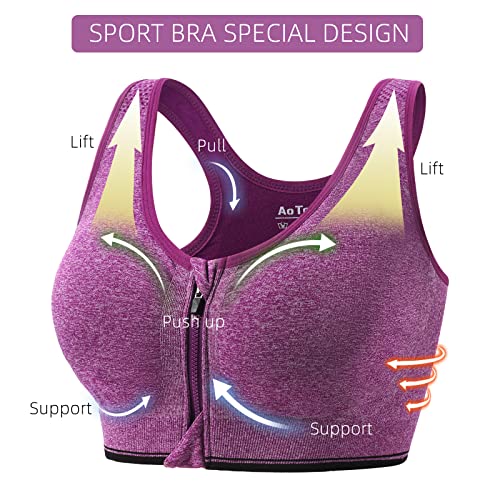 2 Piezas Sujetador Deportivo Mujer Alto Impacto con Cremallera Delantera Almohadillas Extraíbles Sport Bra Top para Yoga Gimnasio Correr (Azul Violeta,M)