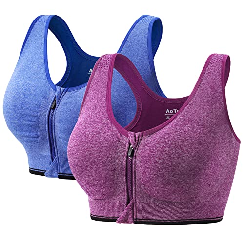 2 Piezas Sujetador Deportivo Mujer Alto Impacto con Cremallera Delantera Almohadillas Extraíbles Sport Bra Top para Yoga Gimnasio Correr (Azul Violeta,M)