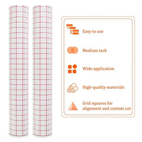 2 Rollos Cinta de Transferencia de Vinilo,30,5 x 500cm Lámina de Transportador Vinilo Adhesivo,Papel Transfer con Rejilla de Alineación para Calcomanías,Ventanas,Pegatinas,Automóviles