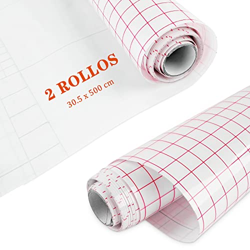 2 Rollos Cinta de Transferencia de Vinilo,30,5 x 500cm Lámina de Transportador Vinilo Adhesivo,Papel Transfer con Rejilla de Alineación para Calcomanías,Ventanas,Pegatinas,Automóviles