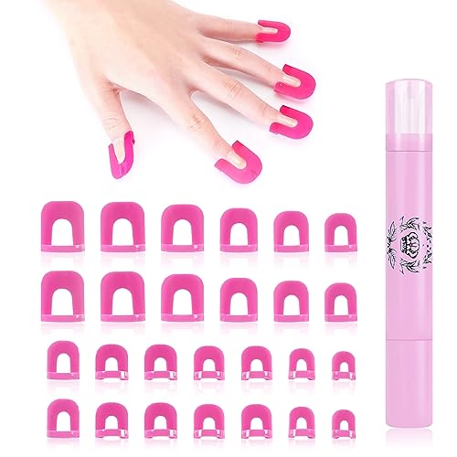 26 Plantillas para Esmalte de Uñas, 1 PCS Pluma Corrector Esmalte Uñas, Protección y Diseño Creativo de Uñas, Accesorios para Nail Art, 10 tamaños Cubierta Protectora de Uñas Reutilizable (Rosa)