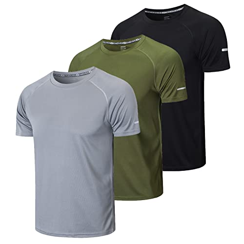 3 Piezas Camiseta Deporte Hombre Camiseta Running Hombre Camisetas Manga Corta Hombre Ropa Gimnasio Deportiva Secado rápido Transpirable para Running Gym Ciclismo(520) Black Gray Green-S