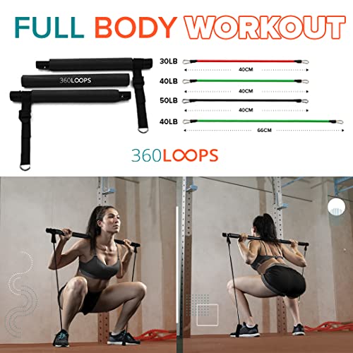 360LOOPS Gimnasio en Casa con Barra DE Pilates y 8 Bandas de Resistencia 1 Comba Crossfit y 3 Elasticos Fitness Musculacion para Gluteos. Videos GUIA, Ejercicio en Casa con Bandas Resistencia.