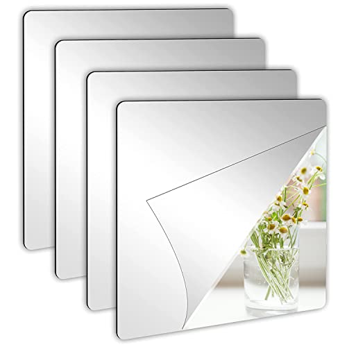 4 Espejos autoadhesivos Espejo acrílico no Cristal Espejo Pegatina Decorativas de Pared Espejo Flexible Espejo de Pared sin Marco para Manualidades, baño salón decoración de Pared 20 x 20 cm