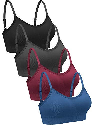 4 Piezas Bralettes con Cuello en V (M, Negro, Gris Oscuro, Rojo Oscuro, Azul)