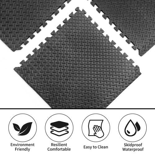 48 Piezas Suelo Gimnasio EVA Esterilla Puzzle, 60x60x1cm Esterilla Puzzle Suelo de Gimnasio y Fitness, Resistente al Agua, Esteras Protectoras Antideslizantes para Salas y Máquinas de Fitness, Negro