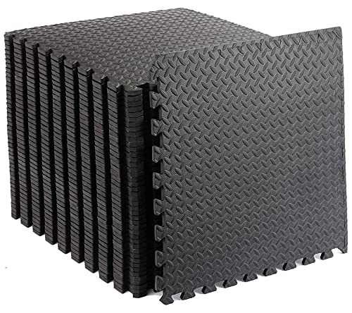 48 Piezas Suelo Gimnasio EVA Esterilla Puzzle, 60x60x1cm Esterilla Puzzle Suelo de Gimnasio y Fitness, Resistente al Agua, Esteras Protectoras Antideslizantes para Salas y Máquinas de Fitness, Negro