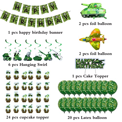 56Pcs Ejército de camuflaje decoraciones de la fiesta de cumpleaños banderola de cumpleaños, remolinos colgantes, globos de camuflaje, adornos para magdalenas, globos de cazas y globos de tanques