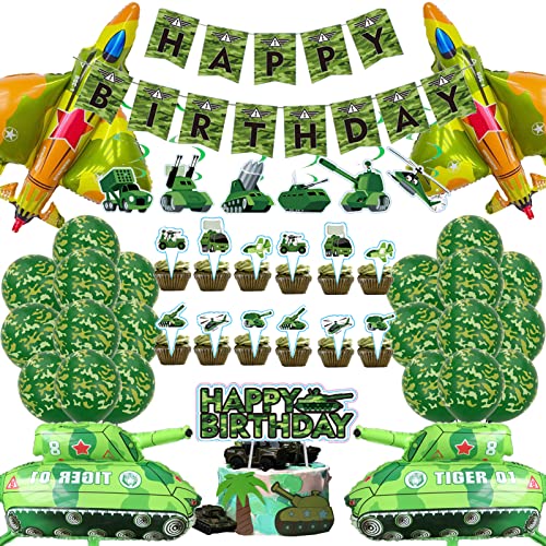 56Pcs Ejército de camuflaje decoraciones de la fiesta de cumpleaños banderola de cumpleaños, remolinos colgantes, globos de camuflaje, adornos para magdalenas, globos de cazas y globos de tanques