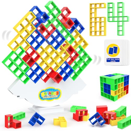 64 Piezas Tetra Tetris Tower, Stack Attack Adultos Juego de Mesa Apilamiento Equilibrio Construcción Team Balance Blocks game, Montessori Creativo Educativos Juguetes Regalo para Niños Niñas 3+ Años