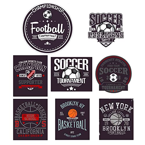 8 Parches termoadhesivos para la ropa. Apliques serigrafiados para planchar sobre camisetas, bata escolar, jeans, chaquetas. Diseño deportes: fútbol, baloncesto,- REF.6501-U8