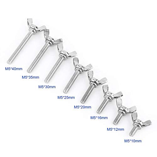 8 tipos 5 unids M5 Tornillos de mano de ala de mariposa, Tornillo de máquina de acero inoxidable 304 Pernos surtido conjunto de sujetadores (M5*40mm)